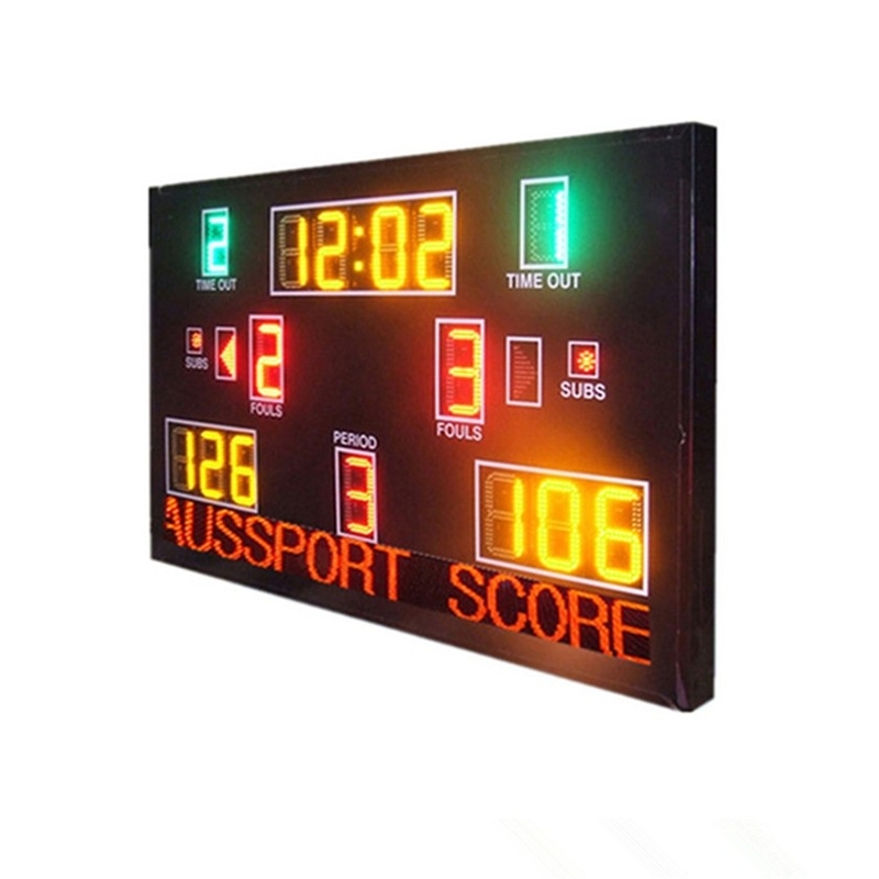 Κίτρινος ηλεκτρονικός πίνακας βαθμολογίας καλαθοσφαίρισης με την κίνηση του σημαδιού